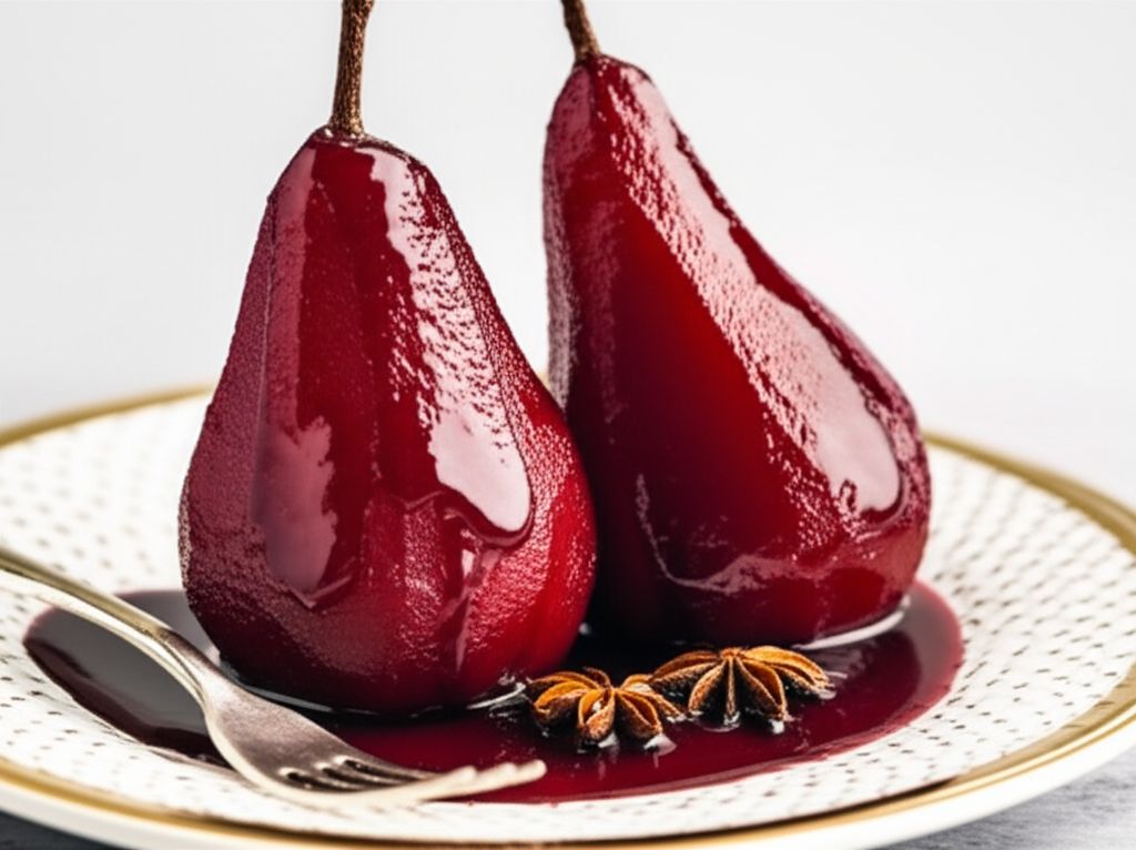 Red Wine Poached Pears with Chocolate Filling