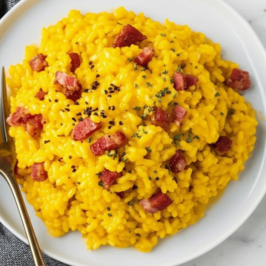 Risotto con Zafferano e Pancetta in Pentola a Pressione (Saffron and Pancetta Risotto)