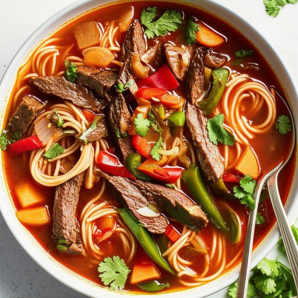 Asian-Themed Beef and Rice Noodle Soup
