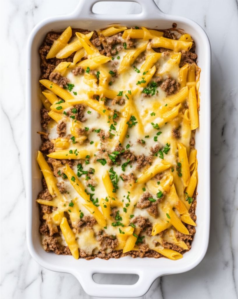 Baked Pasta with Sausage and Baby Portobello Mushroom White Sauce