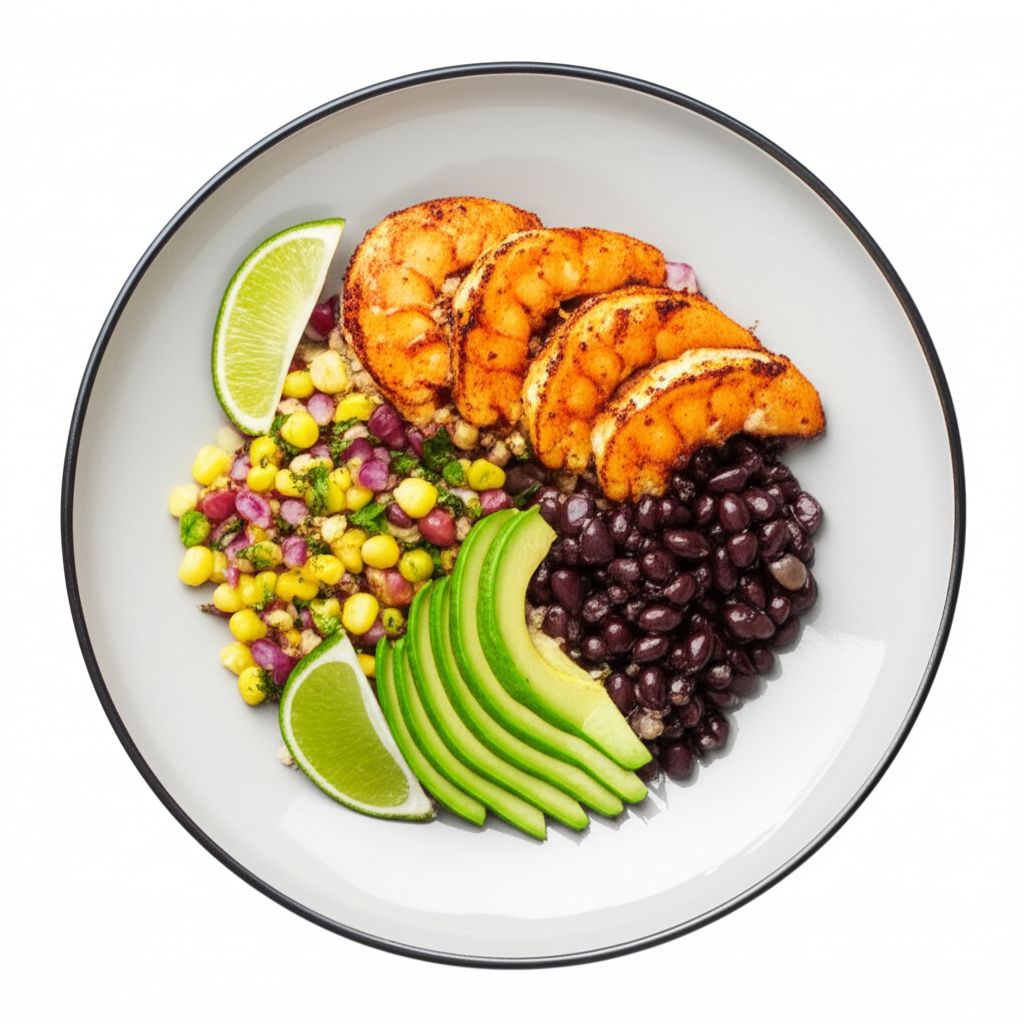 Grain Bowl with Blackened Shrimp, Avocado, and Black Beans