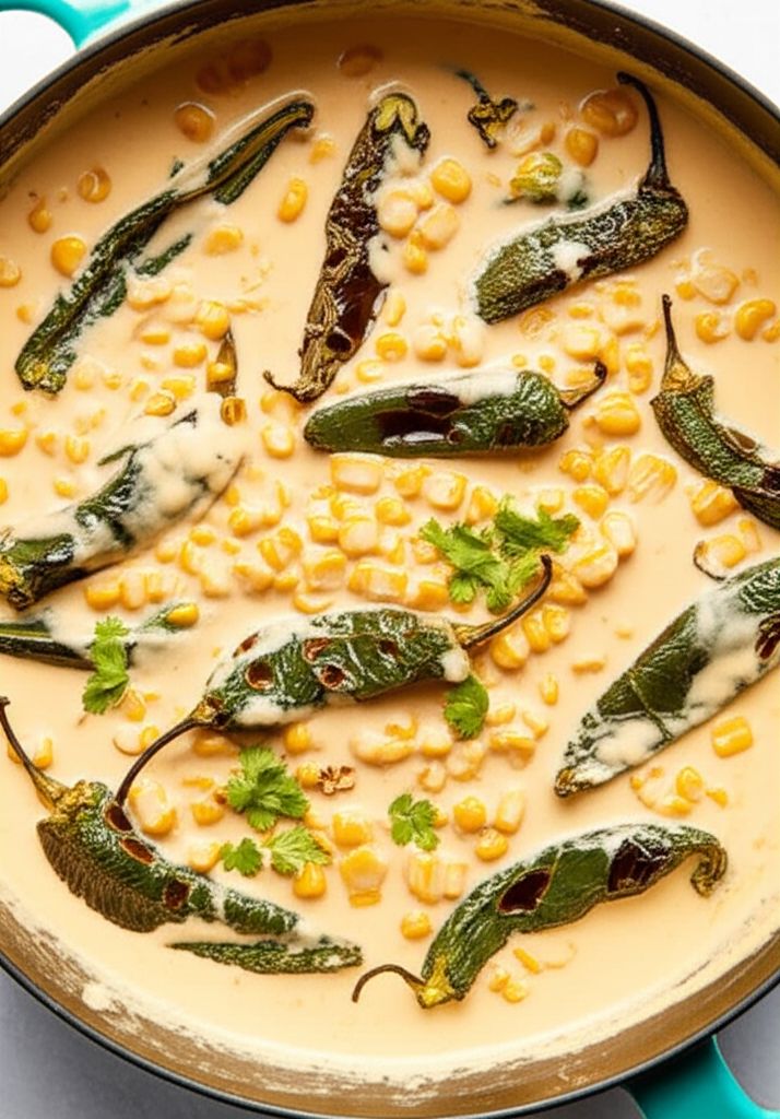 Rajas con Crema, Elote, y Queso (Creamy Poblano Peppers and Sweet Corn)