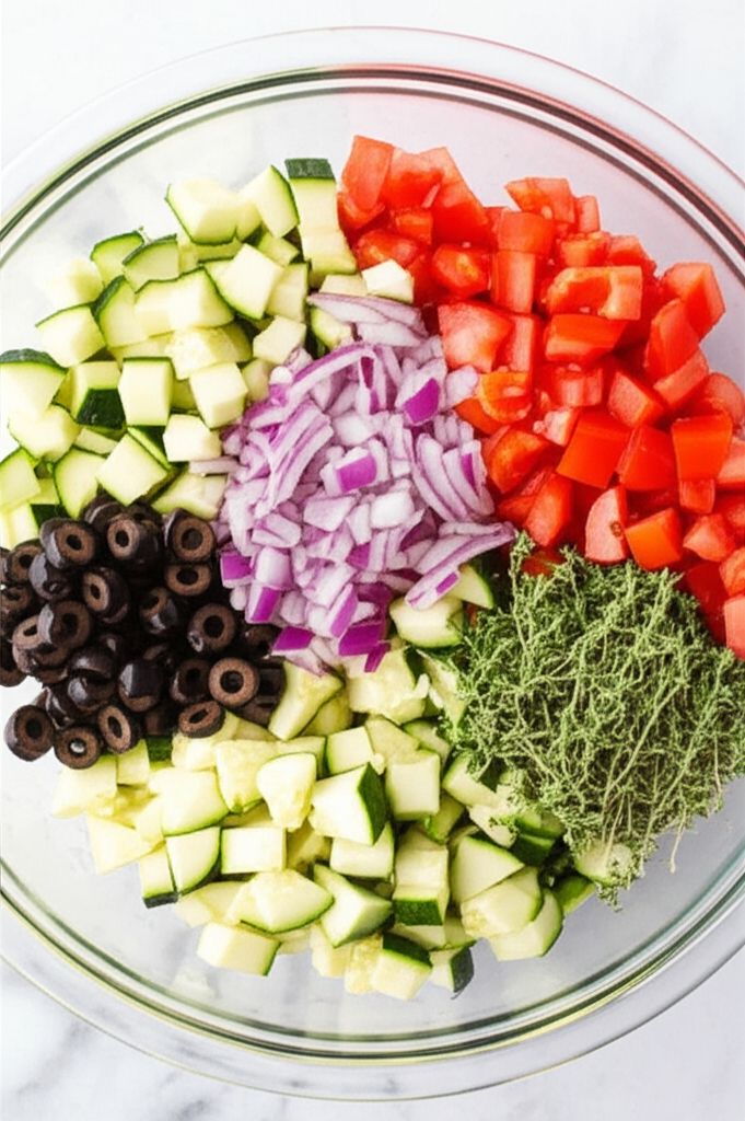Cucumber Tomato Salad with Zucchini and Black Olives in Lemon Balsamic Vinaigrette