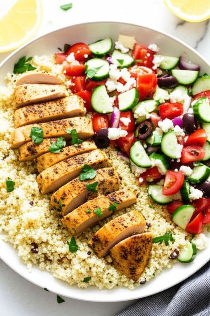 Lemon Herb Chicken with Couscous and Cucumber Salad