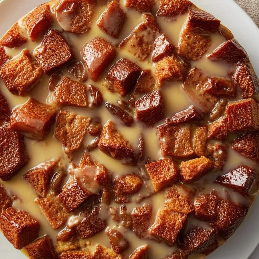 Rum Raisin Bread Pudding with Warm Vanilla Sauce
