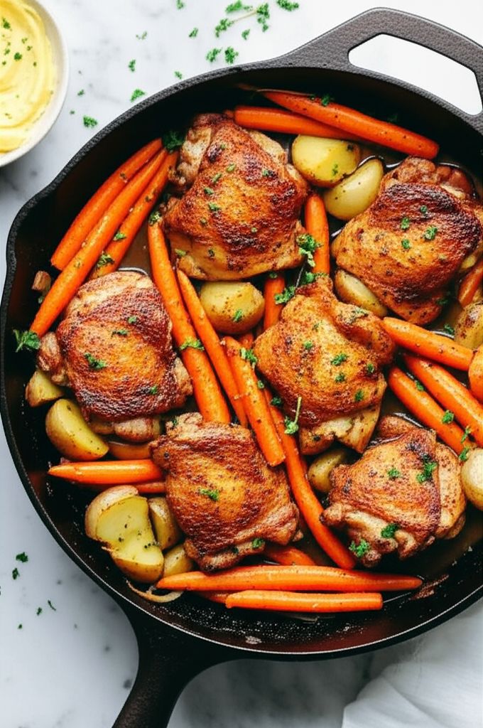 Skillet Chicken Thighs with Carrots and Potatoes