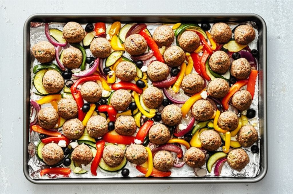 Mediterranean Turkey Meatball Sheet Pan Dinner